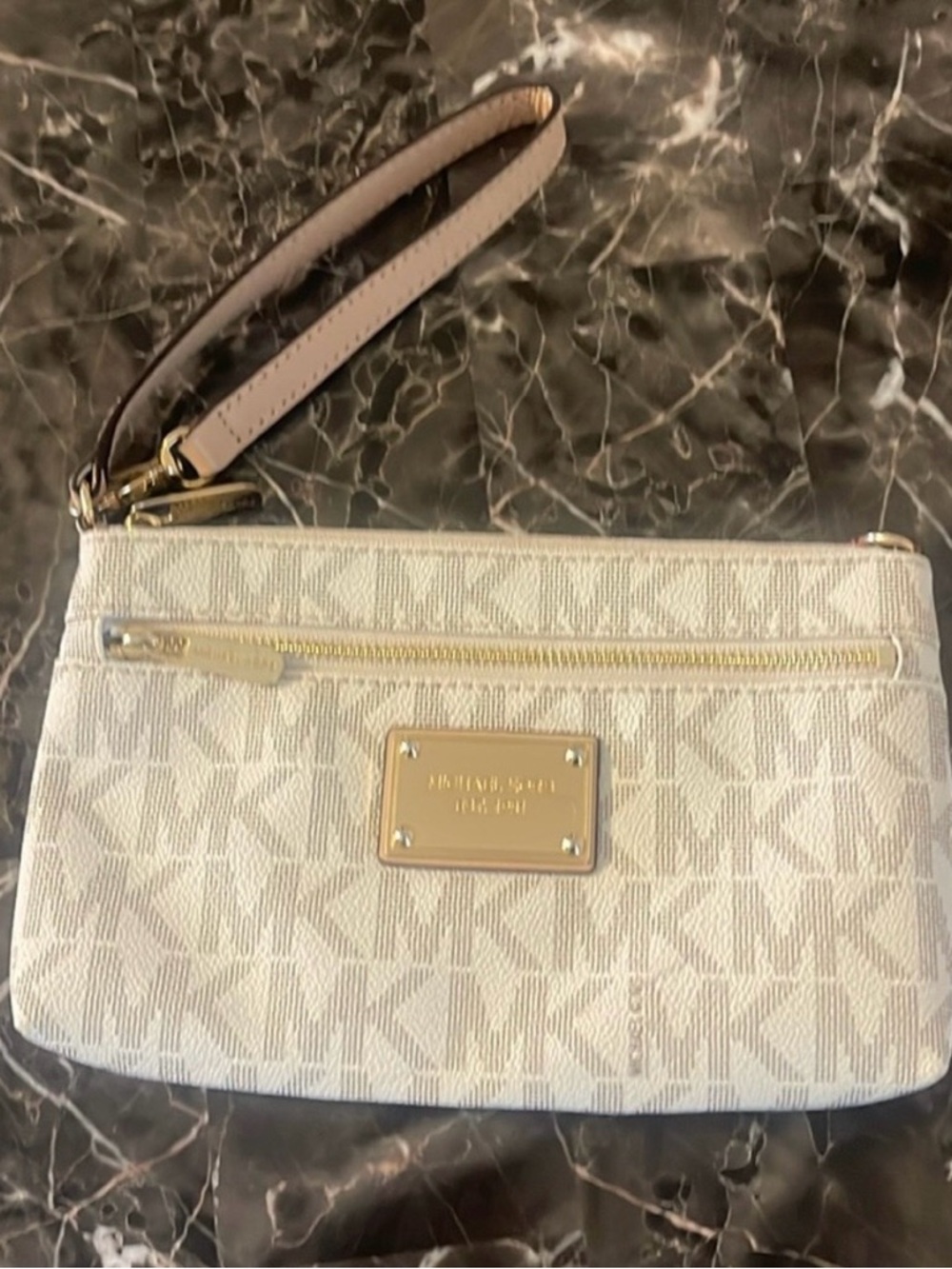 Michael Kors Neutral Beige Logo Canvas Wristlet with Pale Pink Strap